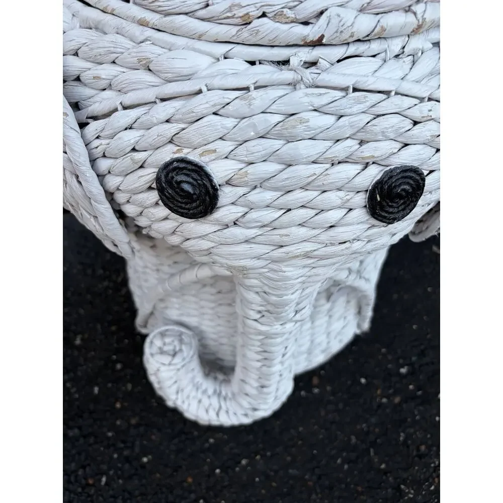 Elephant Hamper White Wicker Laundry Basket Clothes Bin Lid Woven Decor Nursery